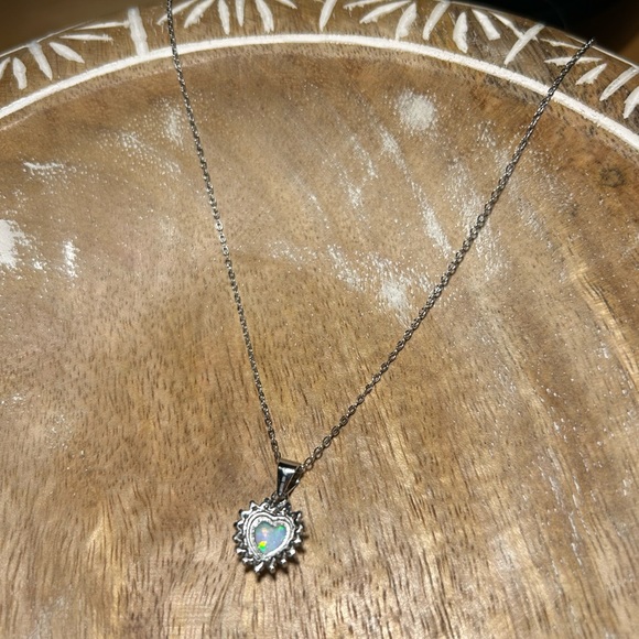 Lab Fire Opal & CZ 925 Sterling Silver Heart Necklace - Picture 8 of 12